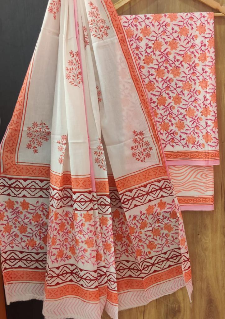 Orange Flower Print Gota Work Cotton Suit Set with Kota Doria Duppatta
