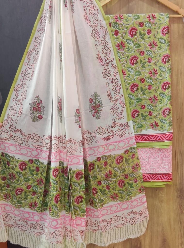 Light Green Flower Print  Cotton Suit Set with Kota Doria Duppatta