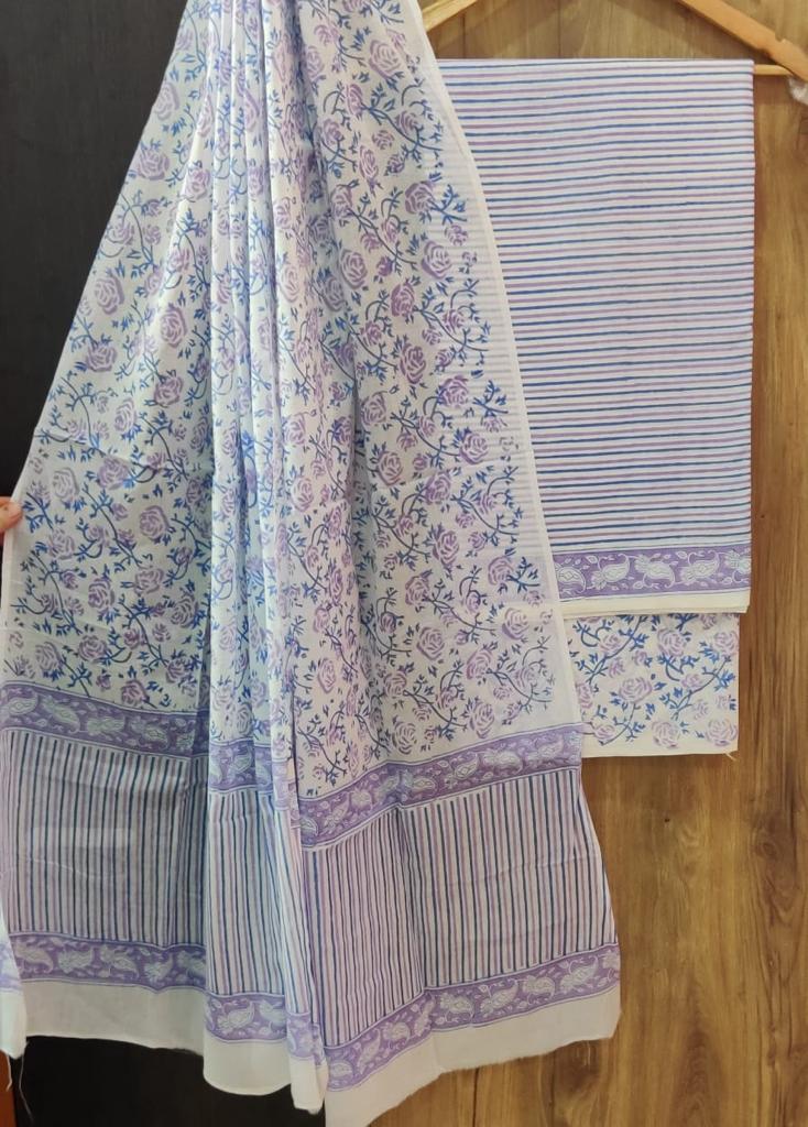 Light Violet Flower Print Gota Work Cotton Suit Set with Kota Doria Duppatta