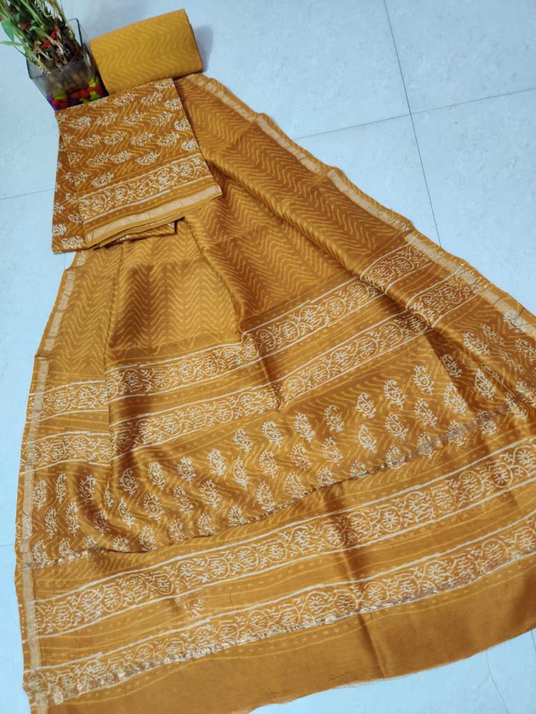Mustard Leaf Print Chanderi Unstitched Suit Set with Cotton Bottom