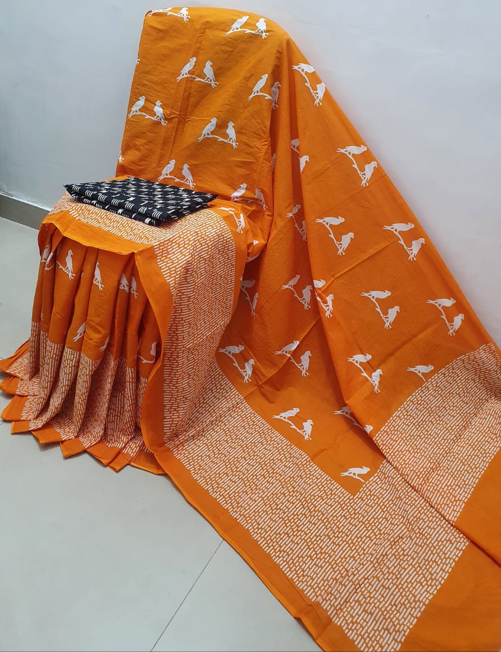 Mustard Bird Print Cotton Mul Mul Saree with Blouse