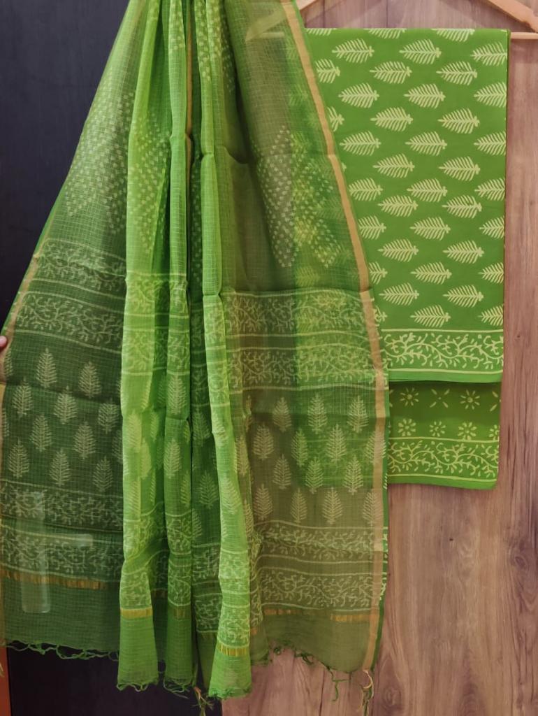 Green Leaf Print Cotton Suit Set with Kota Doria Dupatta
