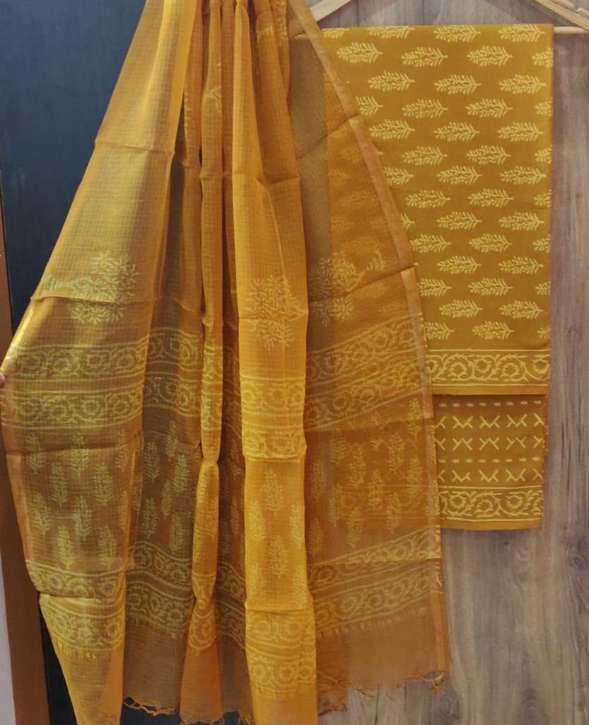 Yellow Leaf Print Cotton Suit Set with Kota Doria Dupatta