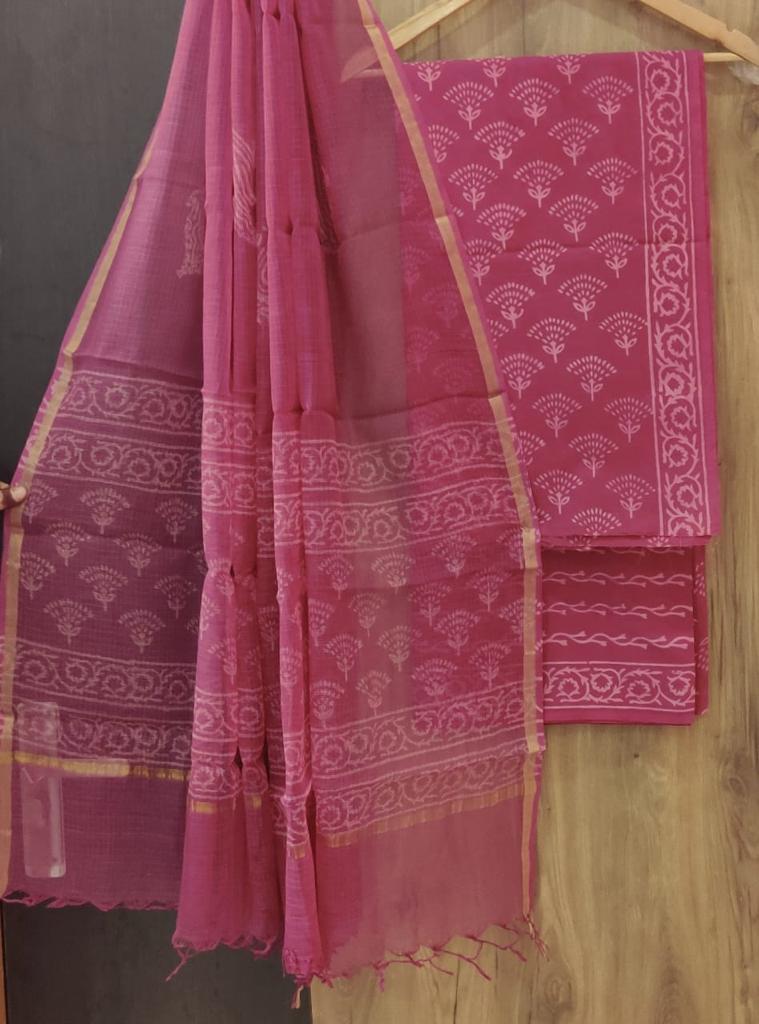 Dark Pink Leaf Print Cotton Suit Set with Kota Doria Dupatta