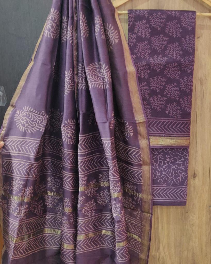 Purple Leaf Print Maheshwari Silk Suit Unstitched with Silk Dupatta