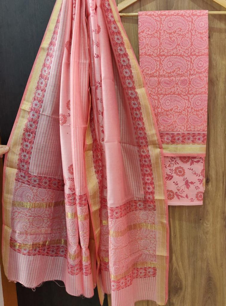 Pink Butta Print Maheshwari Silk Suit Unstitched with Silk Dupatta