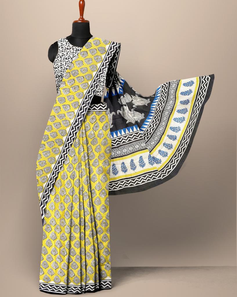 Yellow Leaf Print Cotton Mul Mul Saree with Blouse