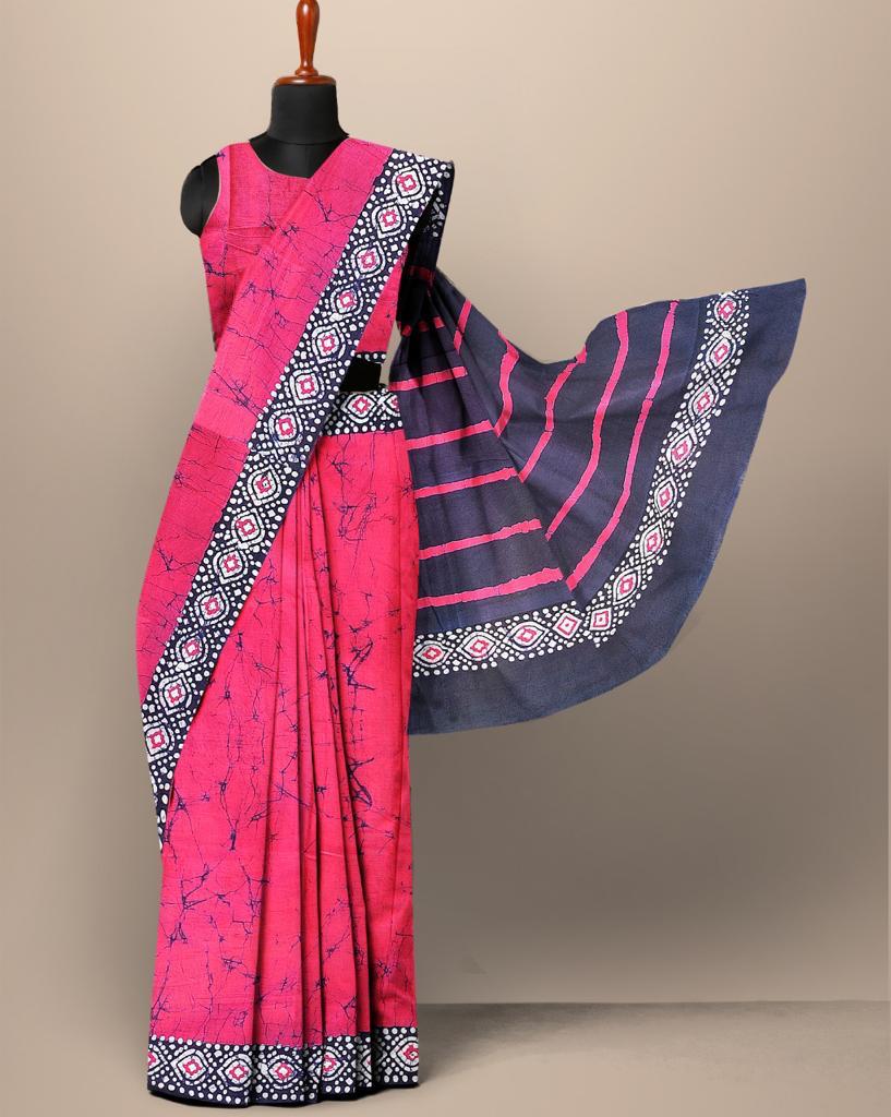 Dark Pink Abstract Print Cotton Mul Mul Saree with Blouse