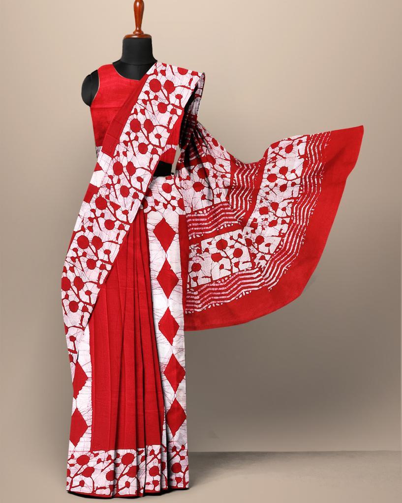 Red Abstract Print Cotton Mul Mul Saree with Blouse