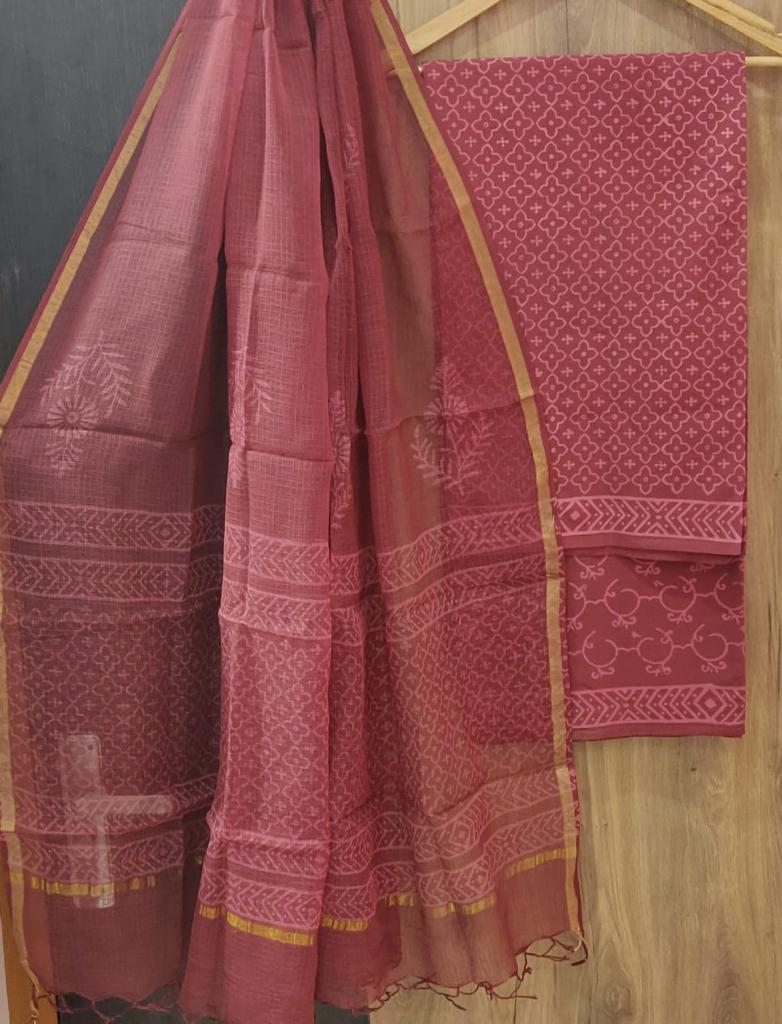 Red Leaf Print Cotton Suit Set with Kota Doria Duppatta