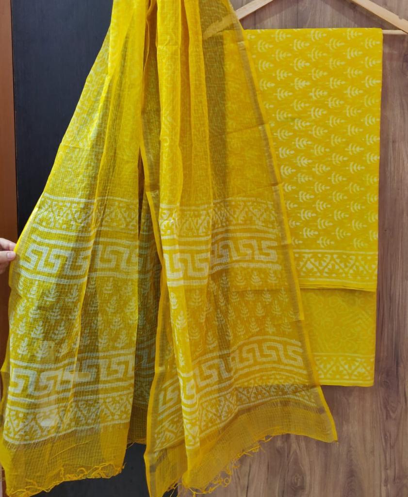 Yellow Leaf Print Cotton Suit Set with Kota Doria Duppatta