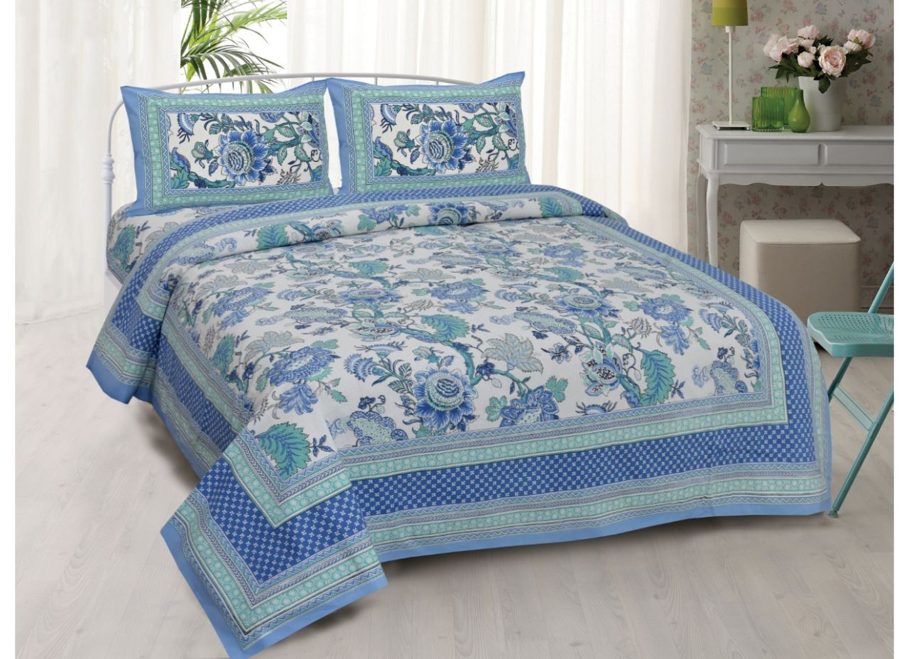 Very Beautiful White Base and Blue Flower Print King Size Cotton Bed Sheet