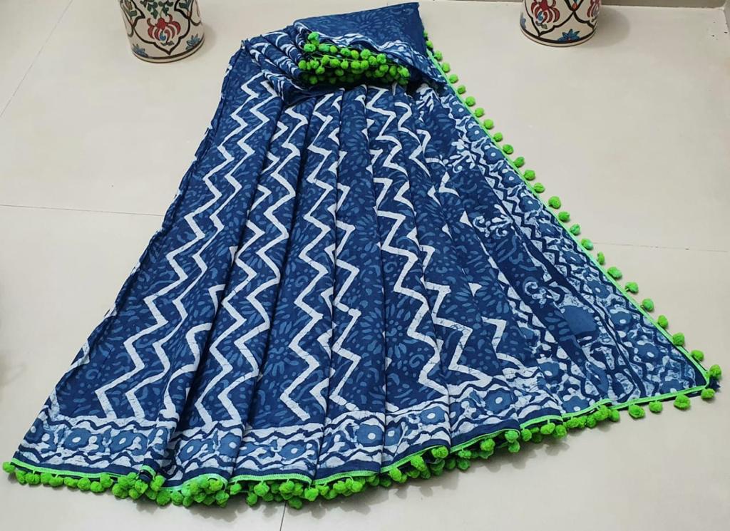 Blue Zig Zag Print Cotton Mul Mul Saree with Blouse and Pom Pom Lace