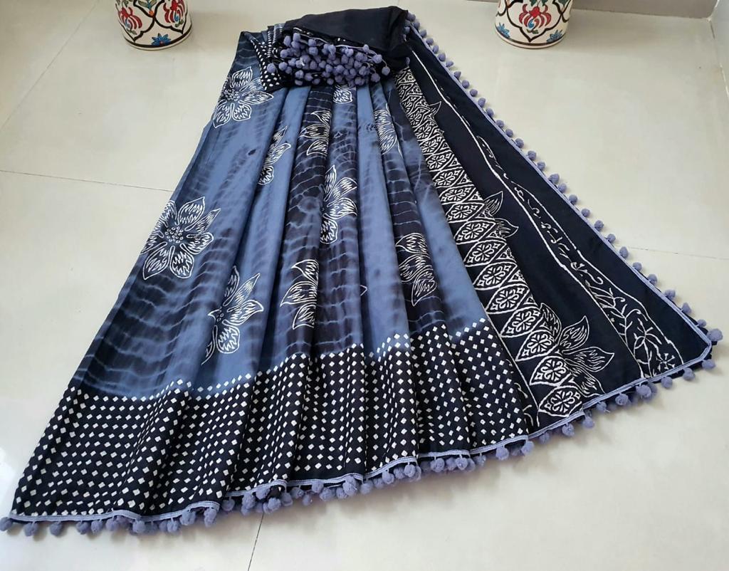 Blue Flower Print Cotton Mul Mul Saree with Blouse and Pom Pom Lace
