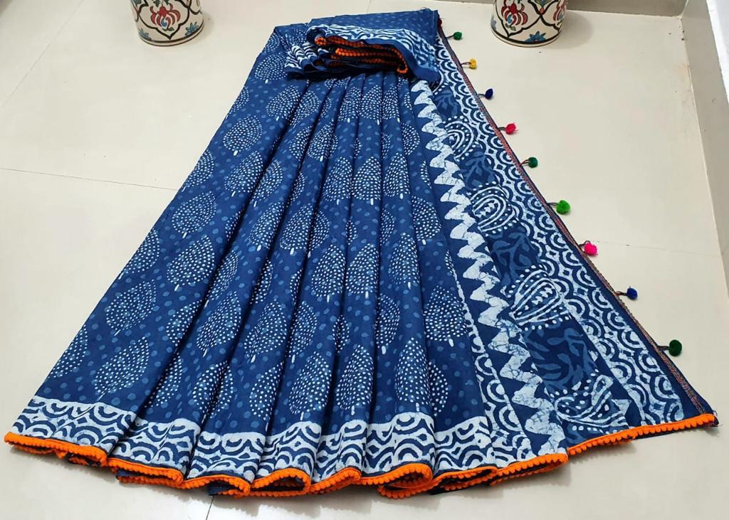 Blue Leaf Print Cotton Mul Mul Saree with Blouse and Pom Pom Lace