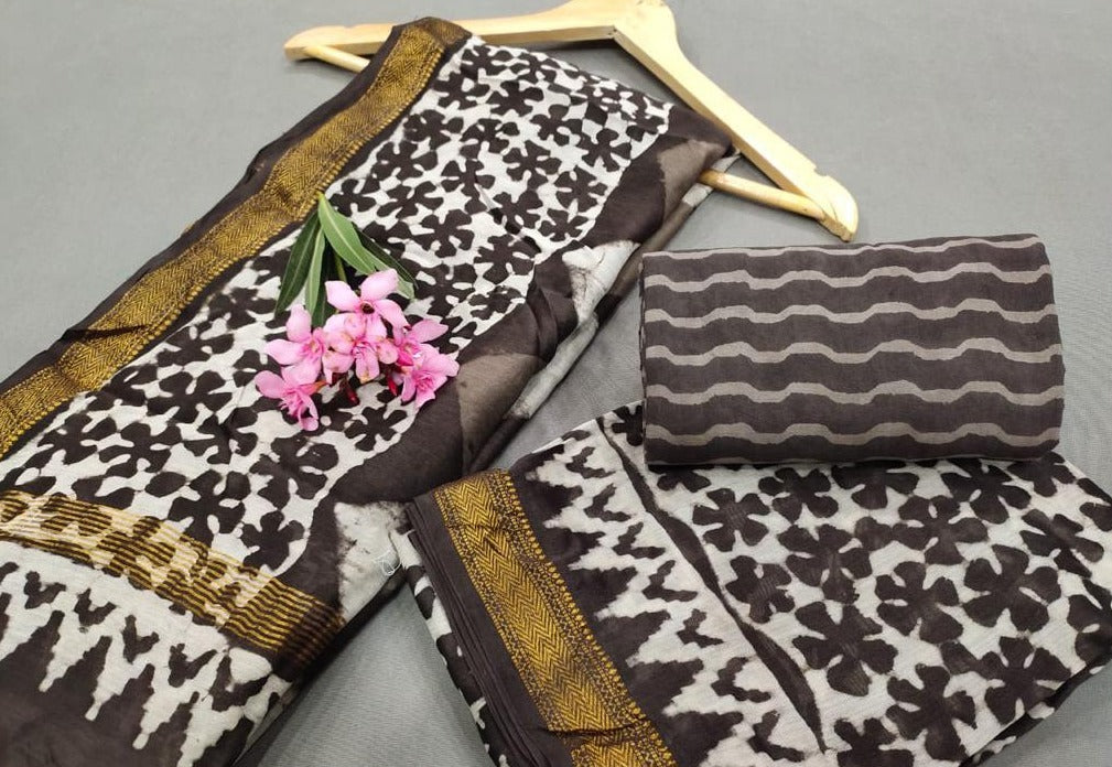 Brown Flower Print Maheshwari Silk Suit Unstitched with Silk Dupatta