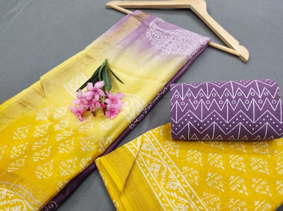Yellow Flower Print Maheshwari Silk Suit Unstitched with Silk Dupatta