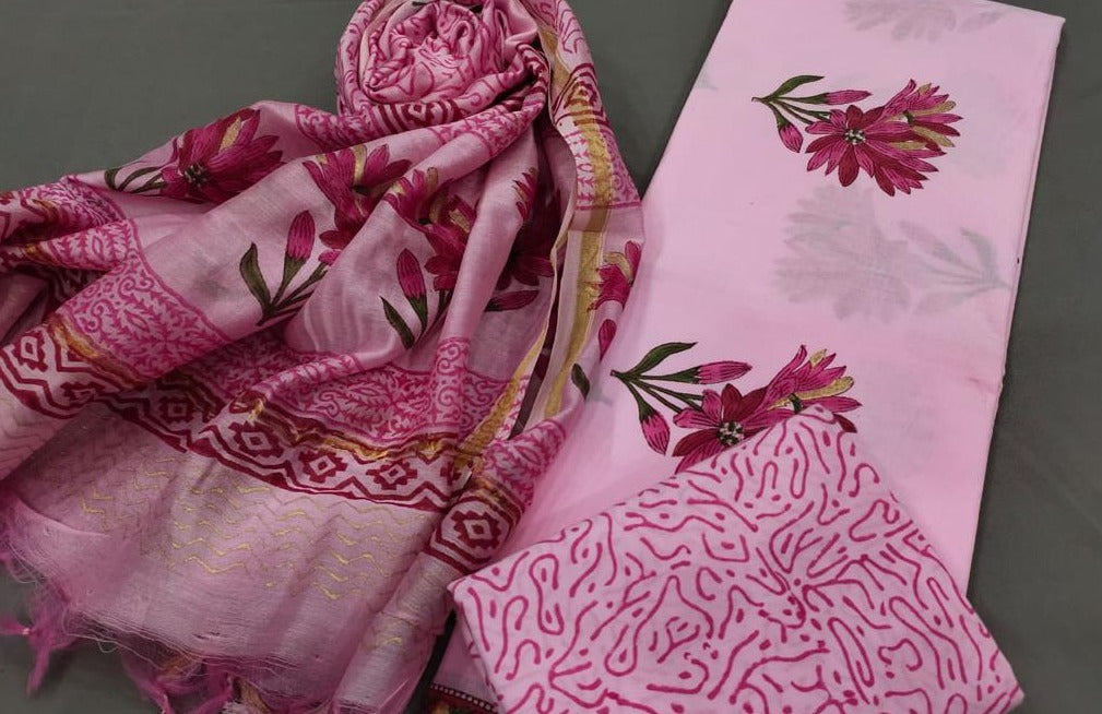 Pink Flower Print Cotton Suit Set with Chanderi Duppatta