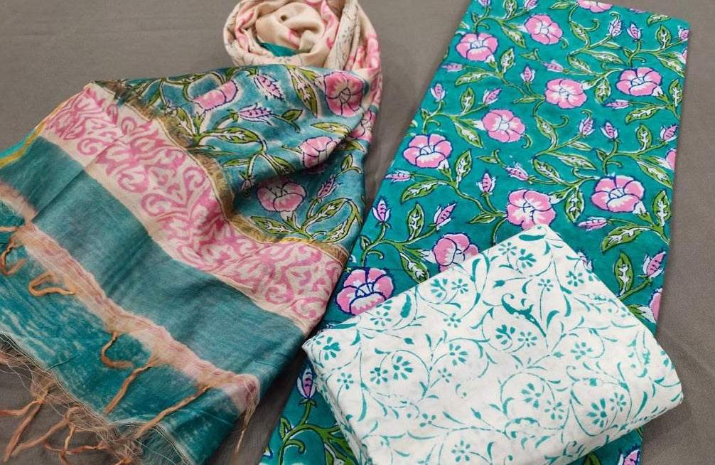 Sea Green Flower Print Cotton Suit Set with Chanderi Duppatta