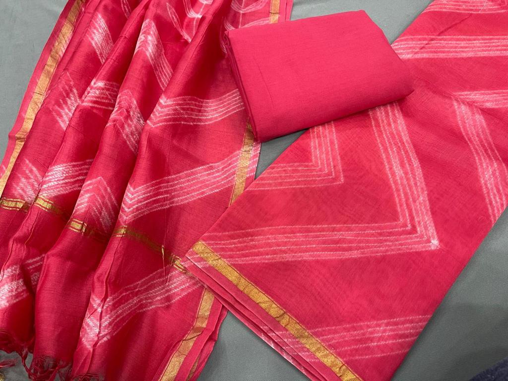 Red Stripes Print Chanderi Unstitched Suit Set with Chanderi Dupatta
