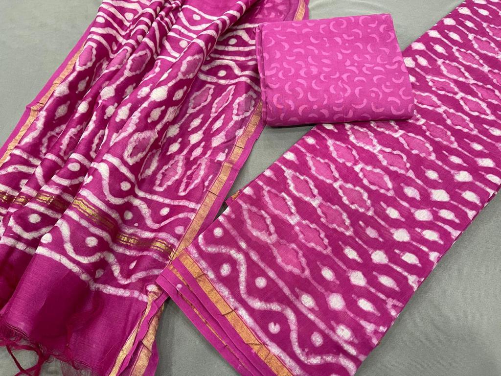 Dark Pink Printed Chanderi Unstitched Suit Set with Chanderi Dupatta