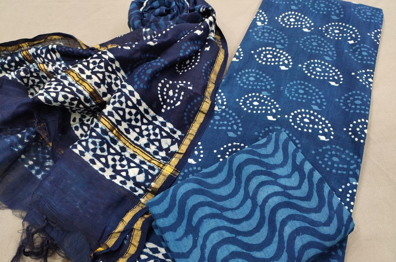 Blue Butta Print Cotton Suit Set with Chanderi Duppatta