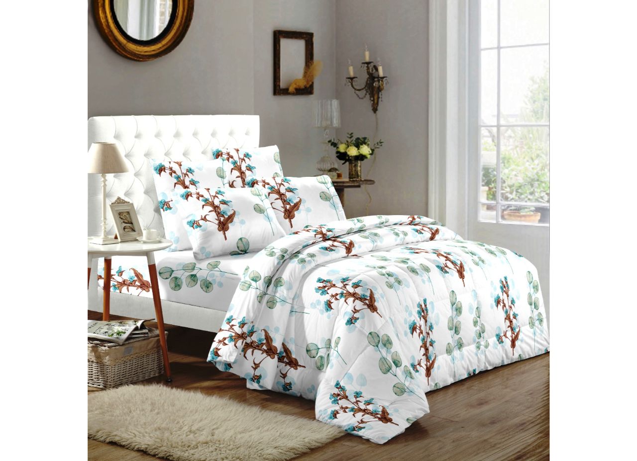 Beautiful Blue and Green Flower Print Extra Large King Size Premium Twill Cotton Bed Sheet 108*108