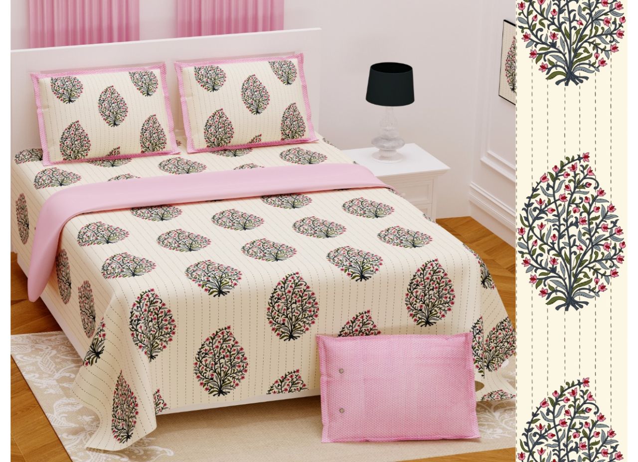 Beige Base Pink Border Hand Printed Boota Extra Large 108*108 King Size Cotton Bed Sheet