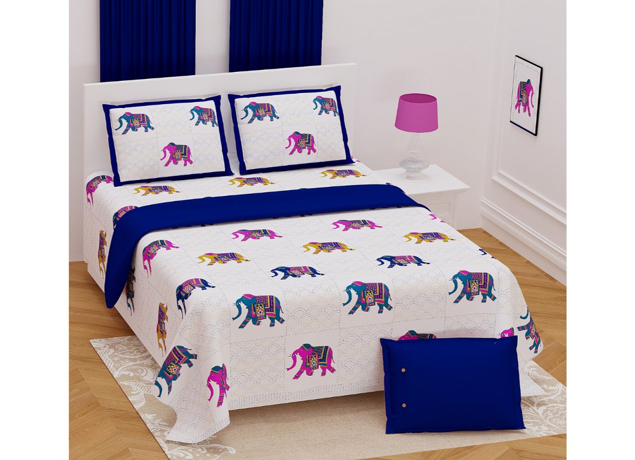 Blur Border Multi Color Elephant Hand Printed Extra Large 108*108 King Size Cotton Bed Sheet