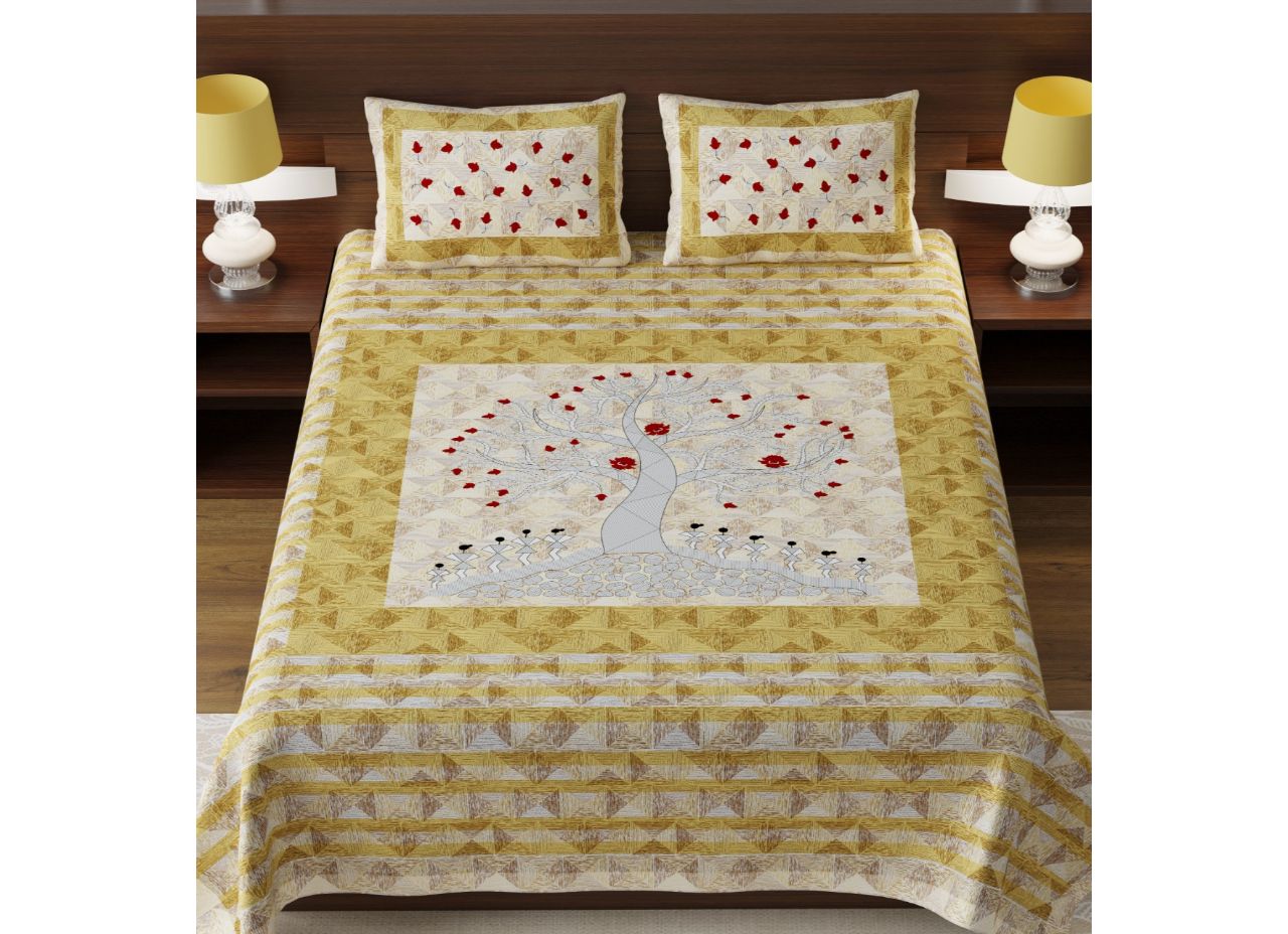 Beige Base Red Flower Print King Size Cotton Bed Sheet