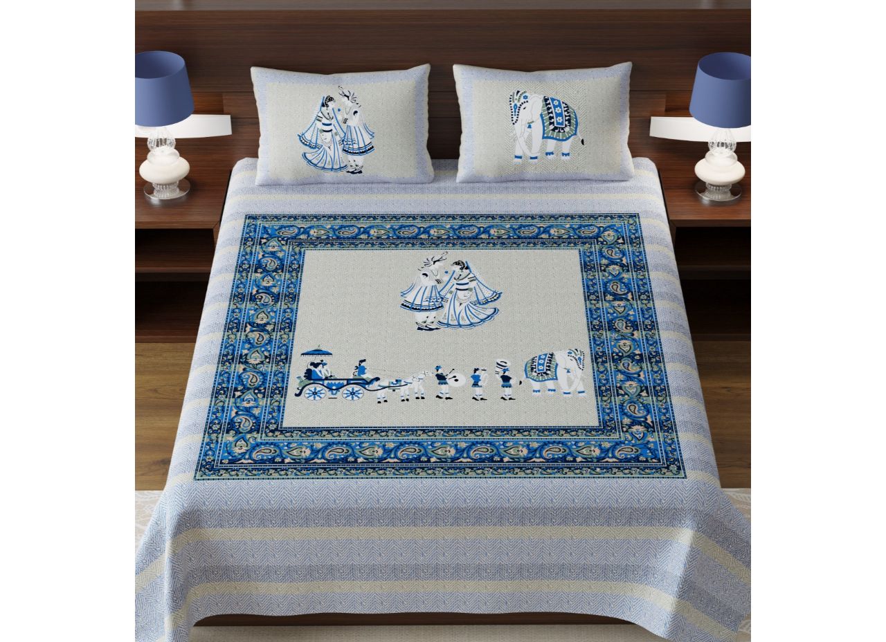 Beautiful Blue Color Raja Rani Print King Size Cotton Bed Sheet