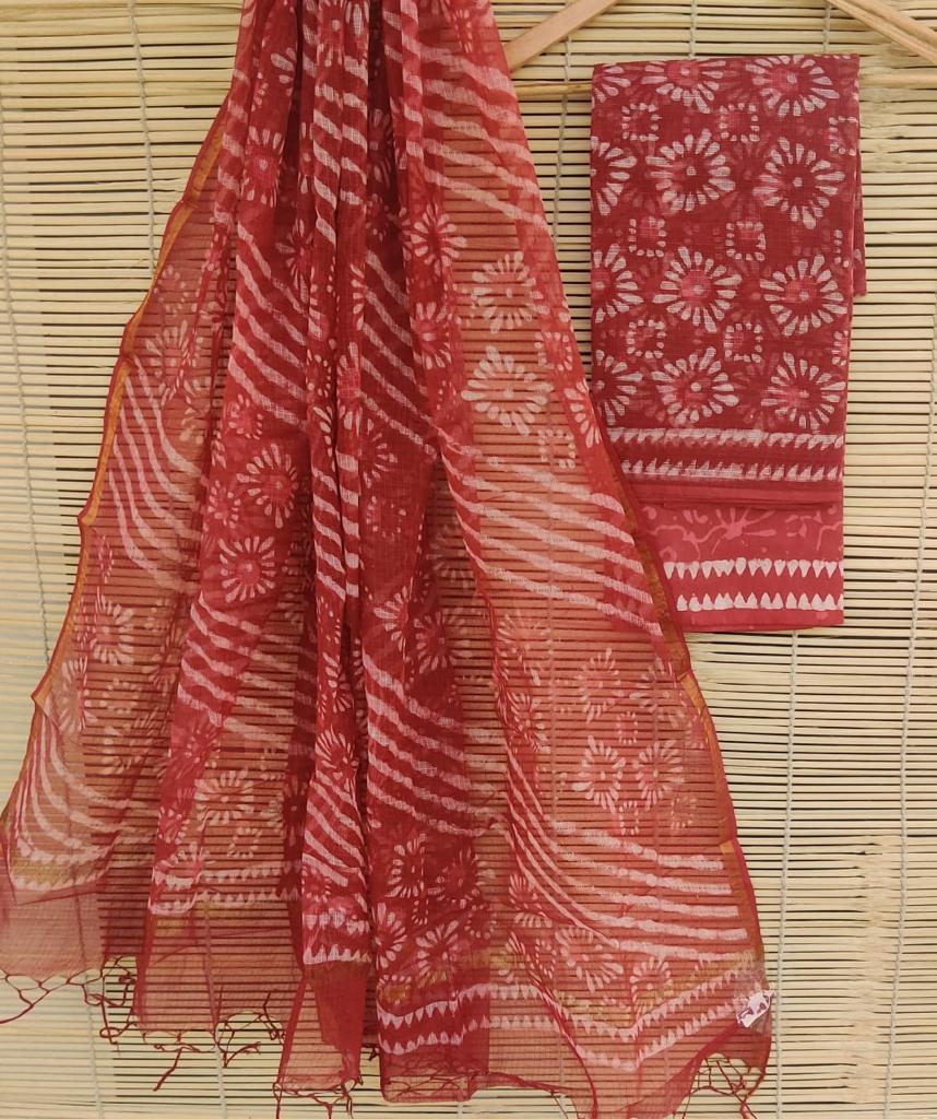 Red Flower Print Kota Doria Unstitched Suit Set with Kota Doria Dupatta