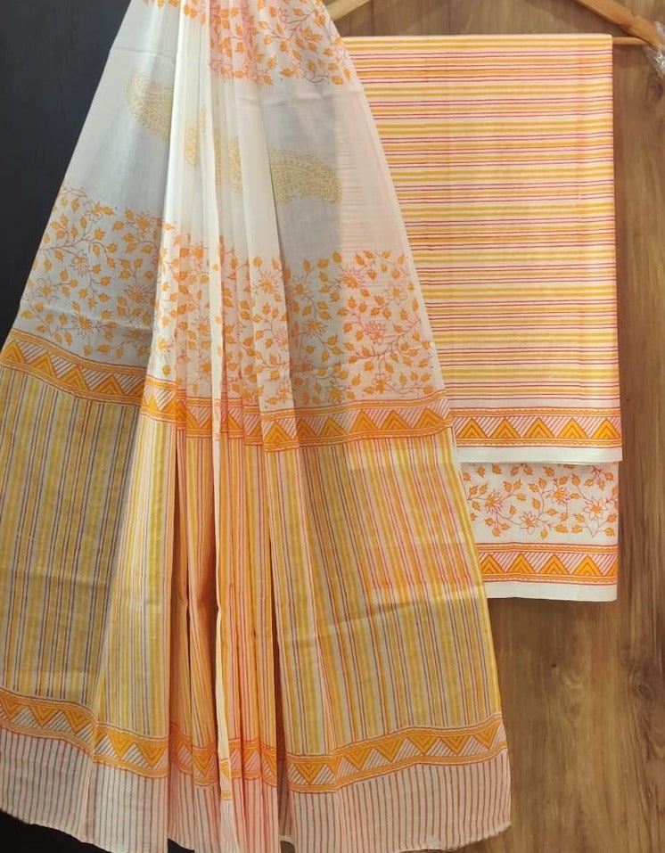 Orange Leaf Print Cotton Unstitched Suit Set with Cotton Dupatta