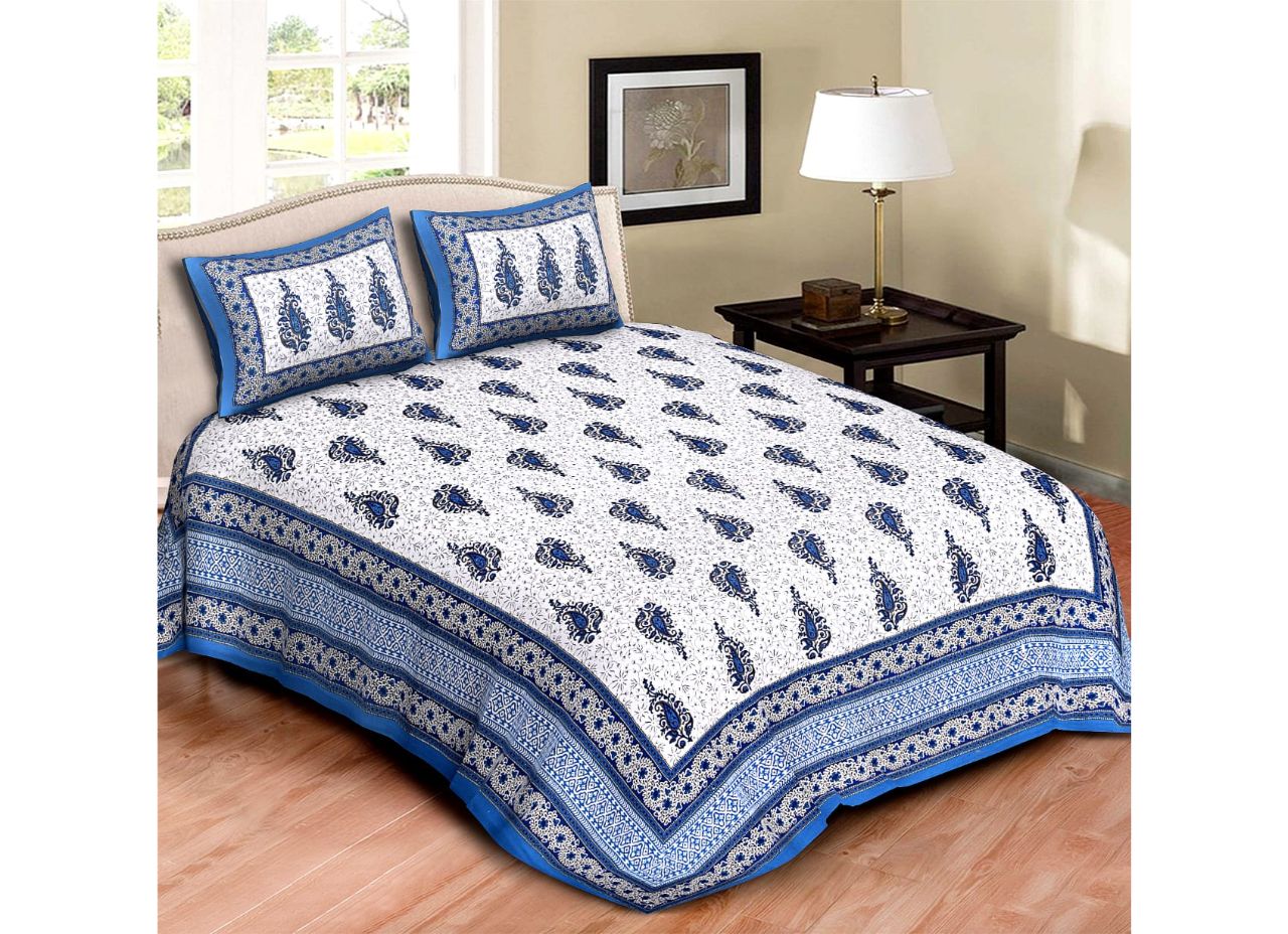 White Base Blue Boota Mughal Print King Size Cotton Bed Sheet