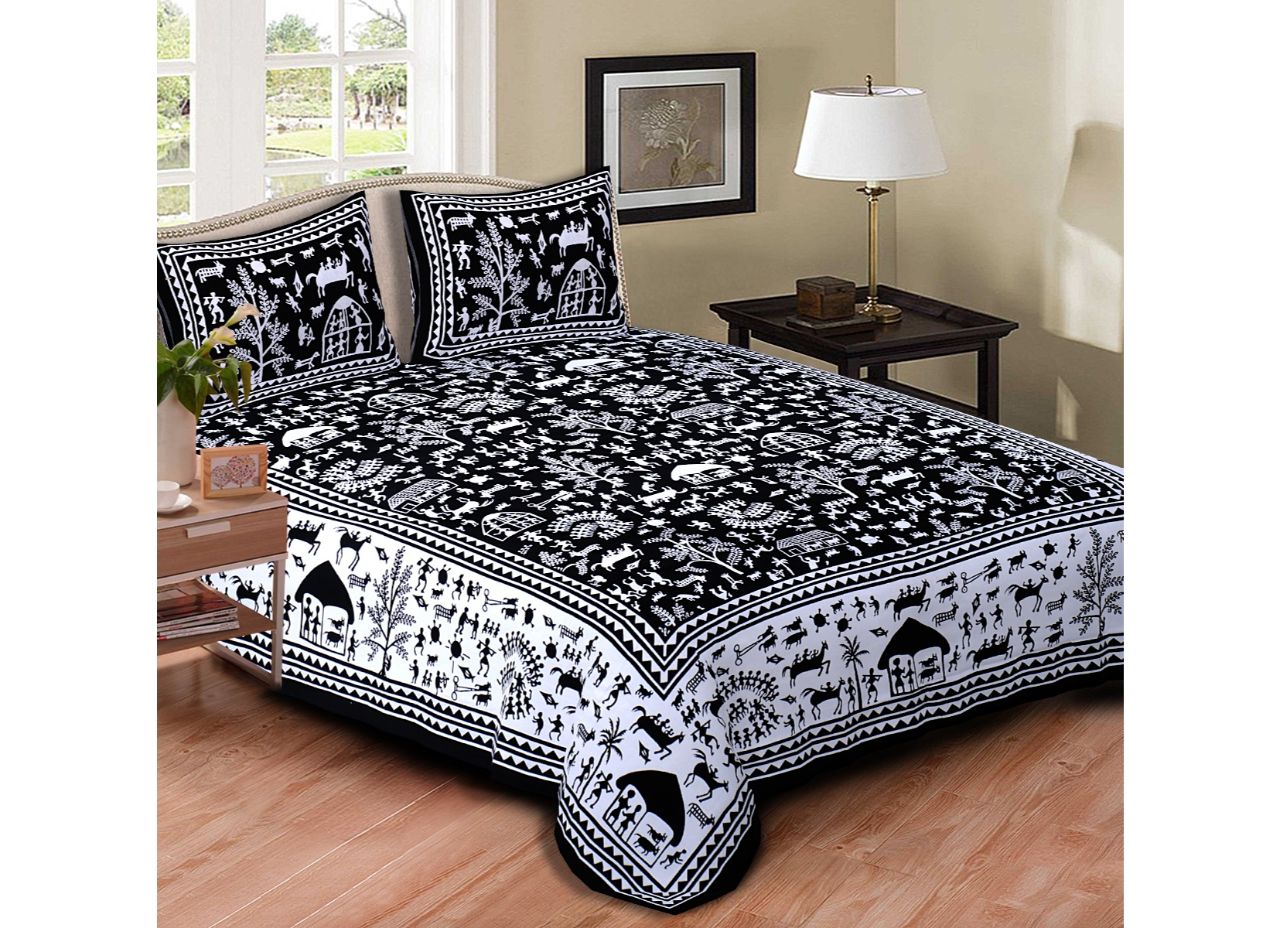 Black and White Aadi-Manav Print King Size Cotton Bed Sheet
