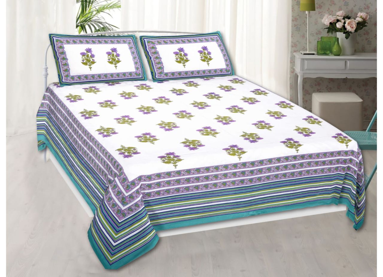 White Base Purple Flower Mughal Print King Size Cotton Bed Sheet