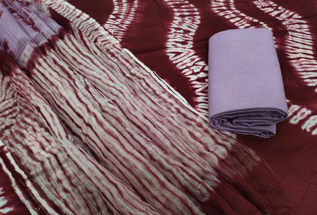 Brown Abstract Print Cotton Suit Set with Kota Doria Dupatta
