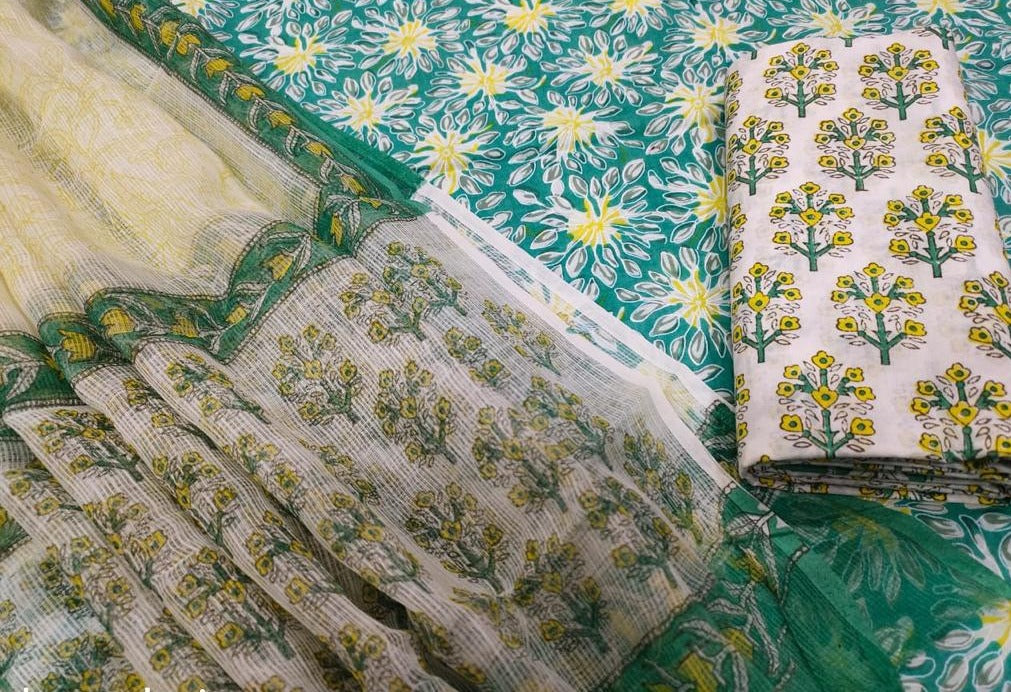 Sea Green Flower Print Cotton Suit Set with Kota Doria Dupatta