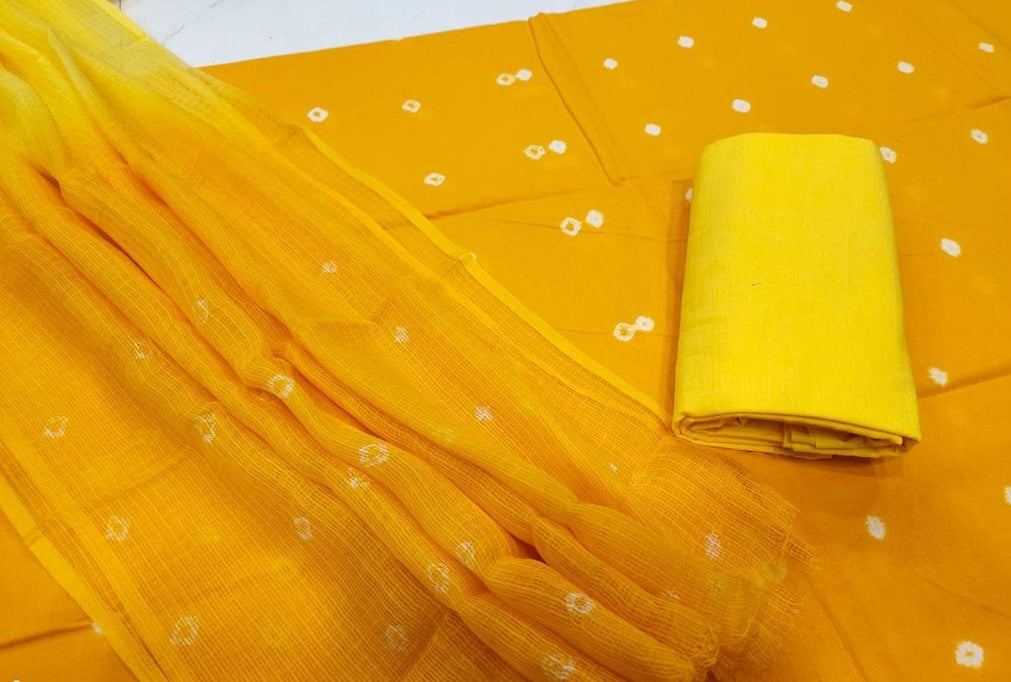 Yellow Abstract Print Cotton Suit Set with Kota Doria Dupatta