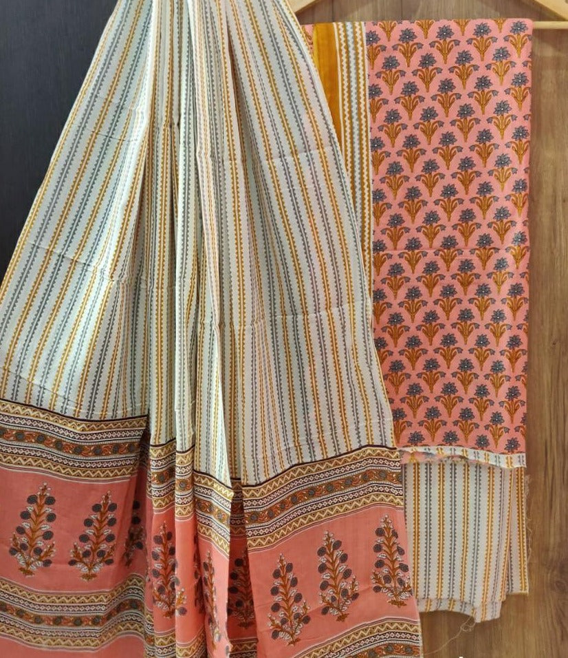 Peach Flower Print Chanderi Unstitched Suit Set with Chanderi Dupatta