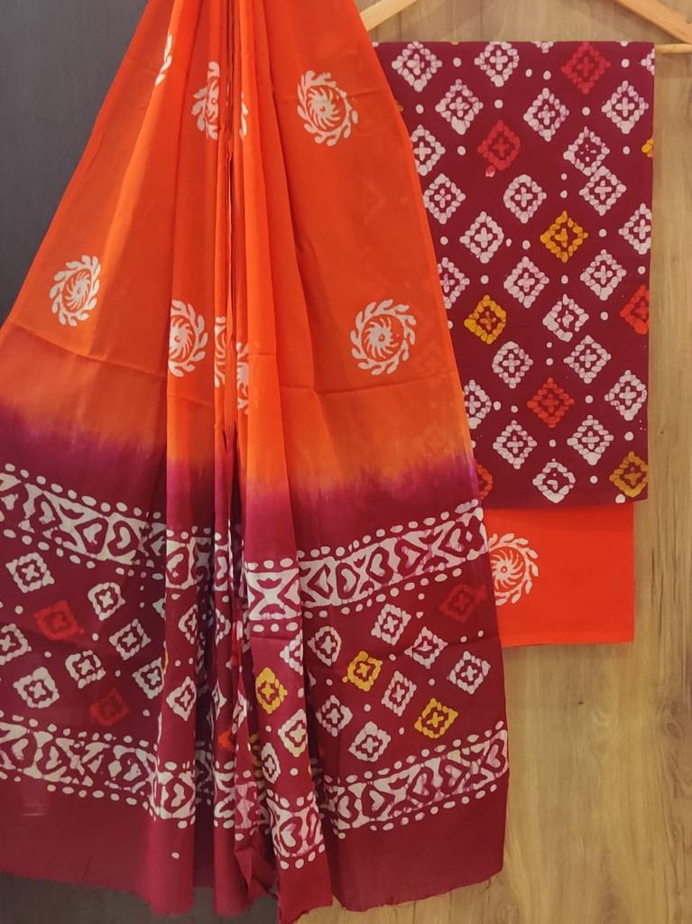 Orange Chakra Print Cotton Unstitched Suit Set with Cotton Dupatta
