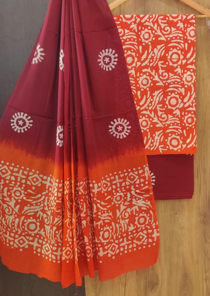 Red Chakra Print Cotton Unstitched Suit Set with Cotton Dupatta