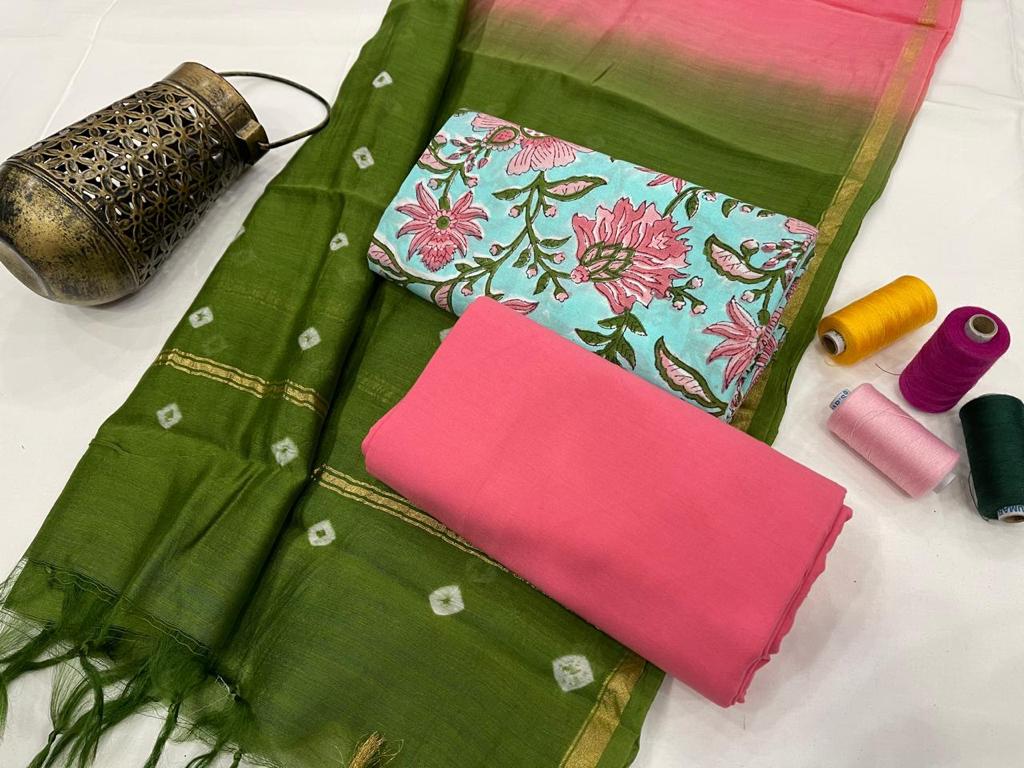 Green & Pink Flower Print Cotton Unstitched Suit Set with Chanderi Silk Dupatta