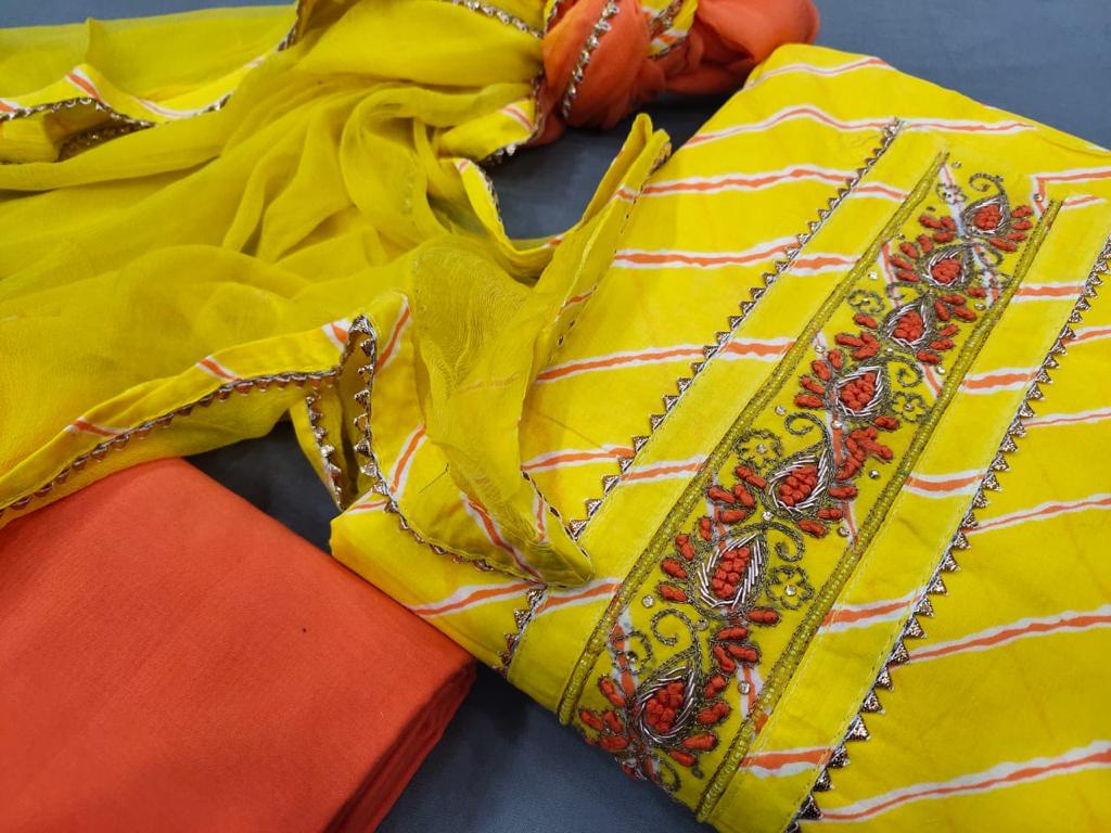 Yellow Stripes Print Gota Work Cotton Unstitched Suit Set with Chiffon Dupatta