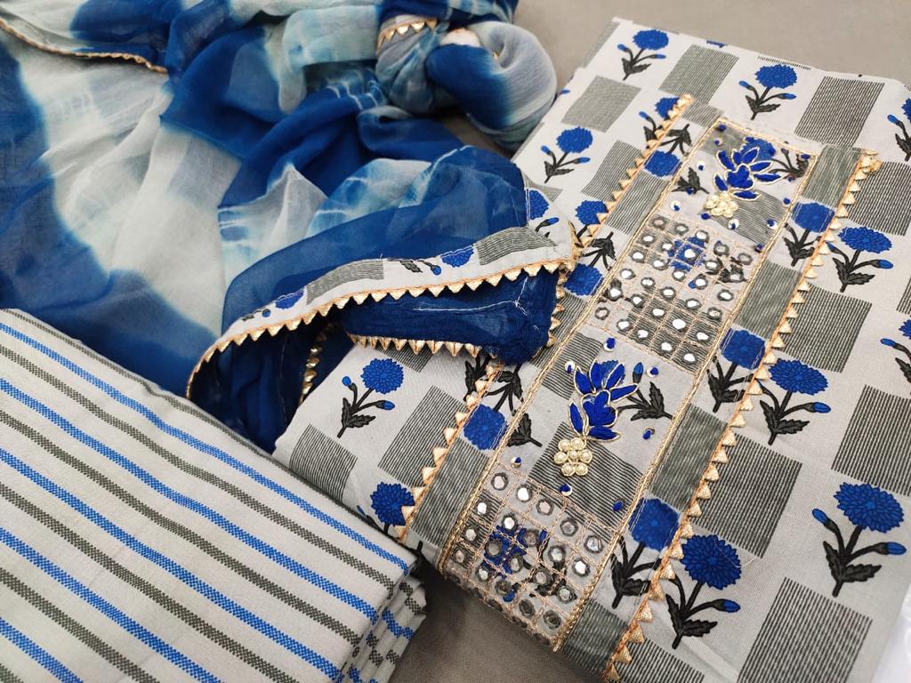 Blue & Gray Flower Print Gota Work Cotton Unstitched Suit Set with Chiffon Dupatta