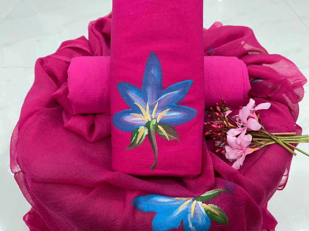 Dark Pink Flower Print Cotton Unstitched Suit Set with Chiffon Dupatta