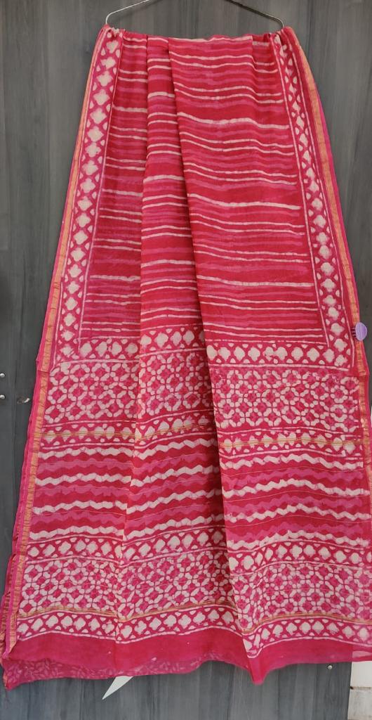 Red Stripes Print Chanderi Saree with Blouse