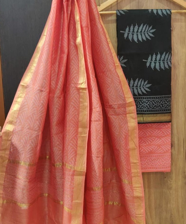 Pink Leaf Print Maheshwari Silk Suit Unstitched with Silk Dupatta
