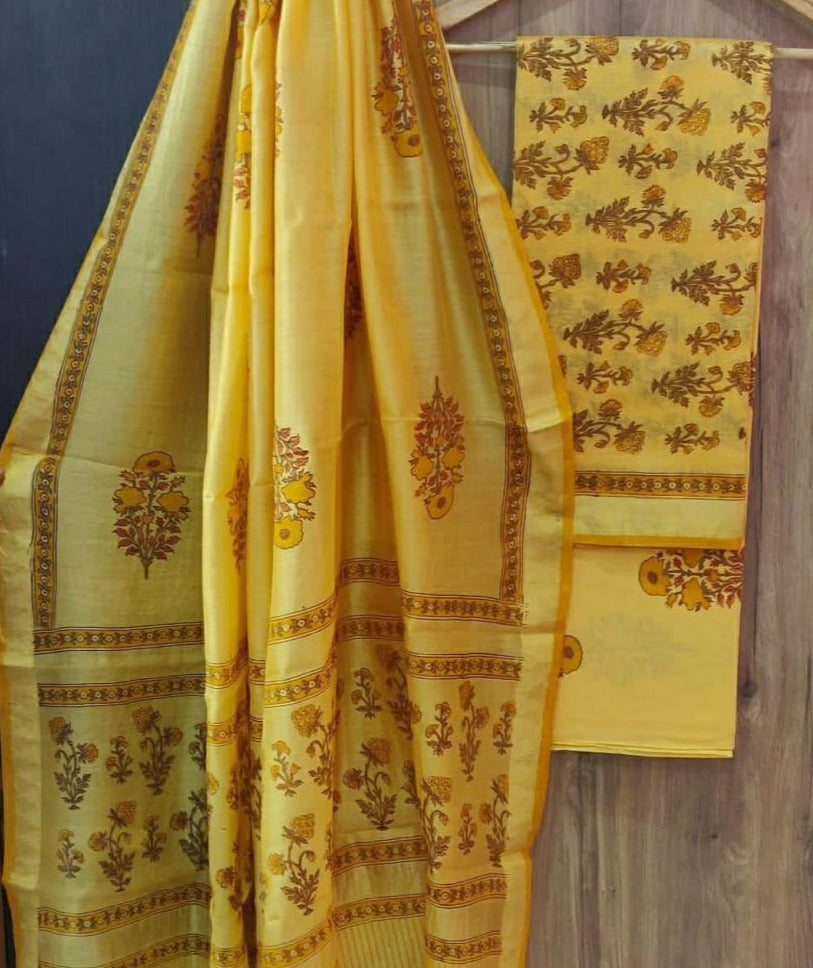 Yellow Flower Print Maheshwari Silk Suit Unstitched with Silk Dupatta