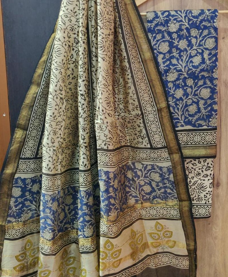 Cream & Blue Flower Print Maheshwari Silk Suit Unstitched with Silk Dupatta